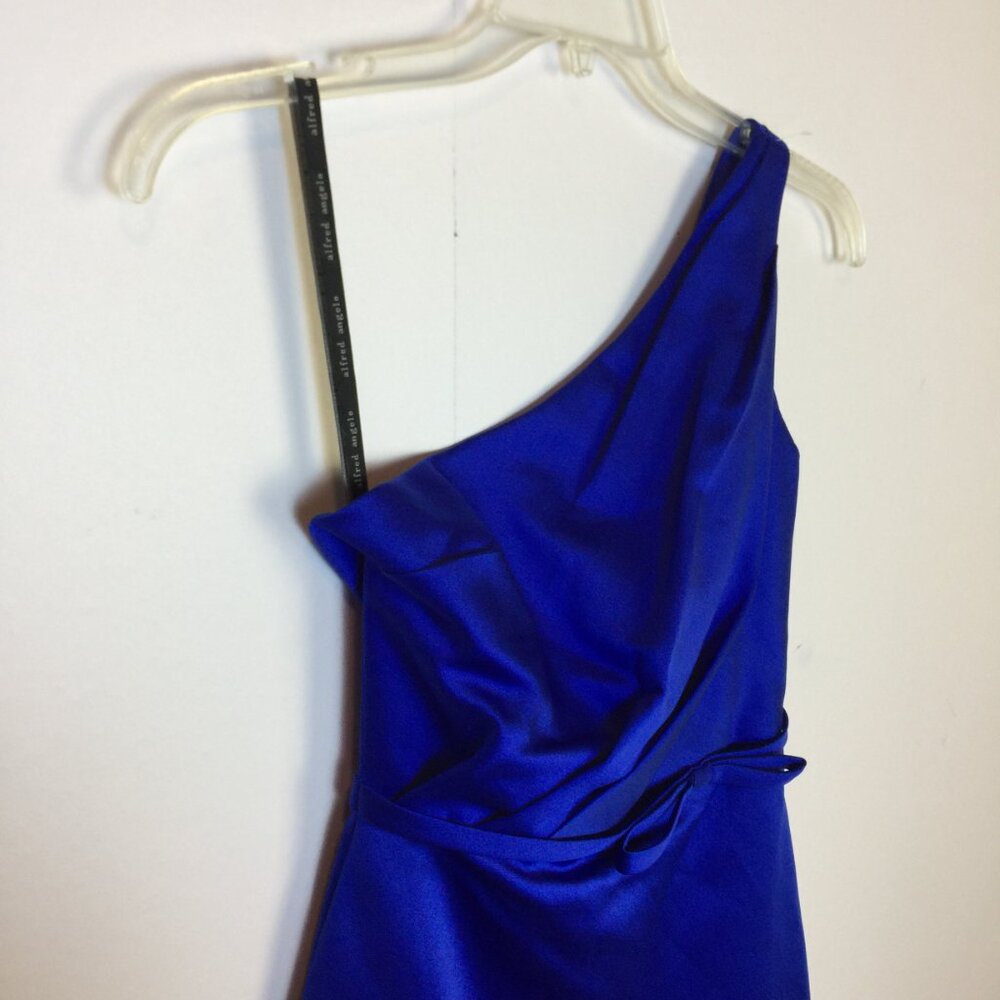 Alfred Angelo Mini Cocktail Dress Size 2 Womans Blue Satin One Shoulder Pleated - Picture 4 of 14